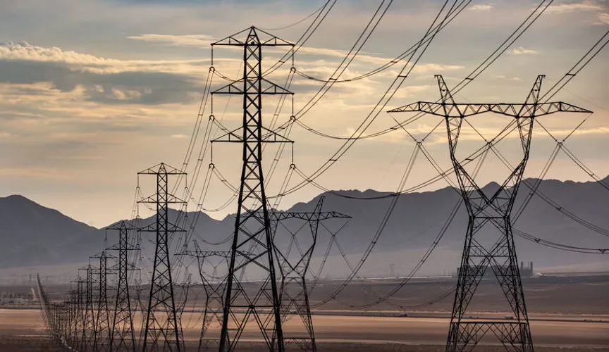 A wide-angle, long-perspective photograph captures multiple parallel lines of massive steel lattice high-voltage transmission towers and their sagging cables, stretching from the foreground deep into a vast desert landscape at twilight.